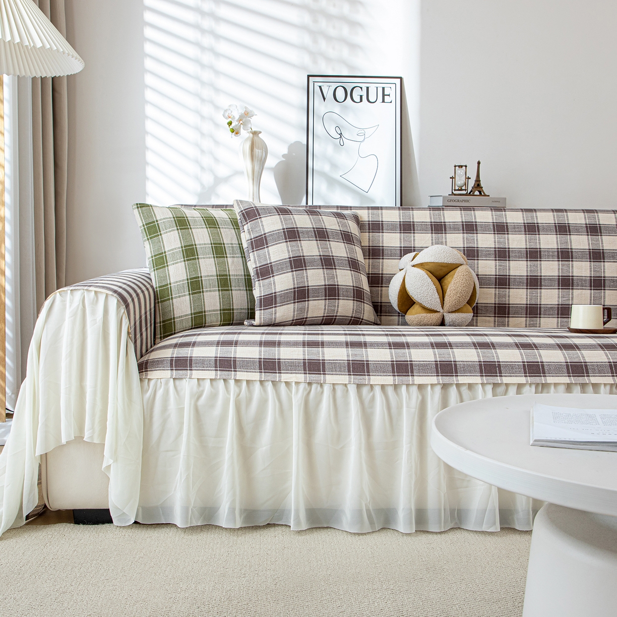 91家纺网 家纺一手货源 找家纺 沐沐家纺 2026新款棋格裙边沙发巾 灰棋格