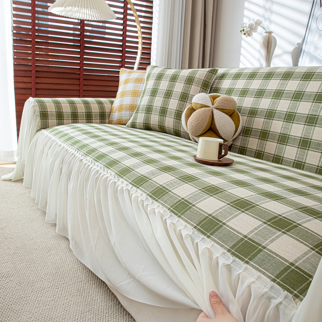91家纺网 家纺一手货源 找家纺 沐沐家纺 2026新款棋格裙边沙发巾 绿棋格