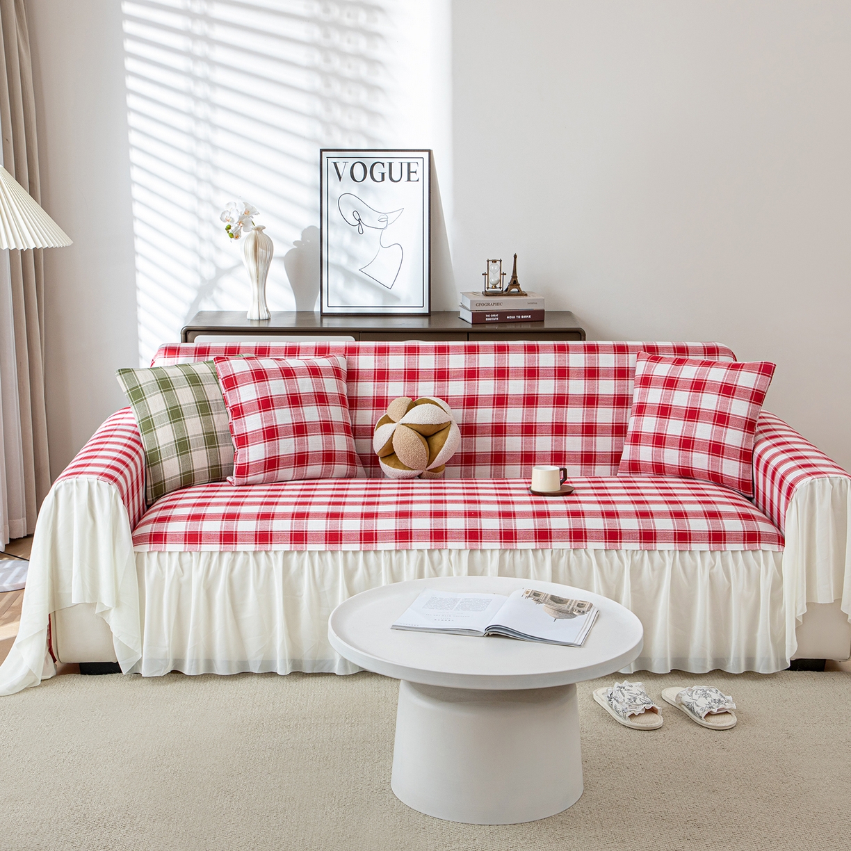 91家纺网 家纺一手货源 找家纺 沐沐家纺 2026新款棋格裙边沙发巾 红棋格