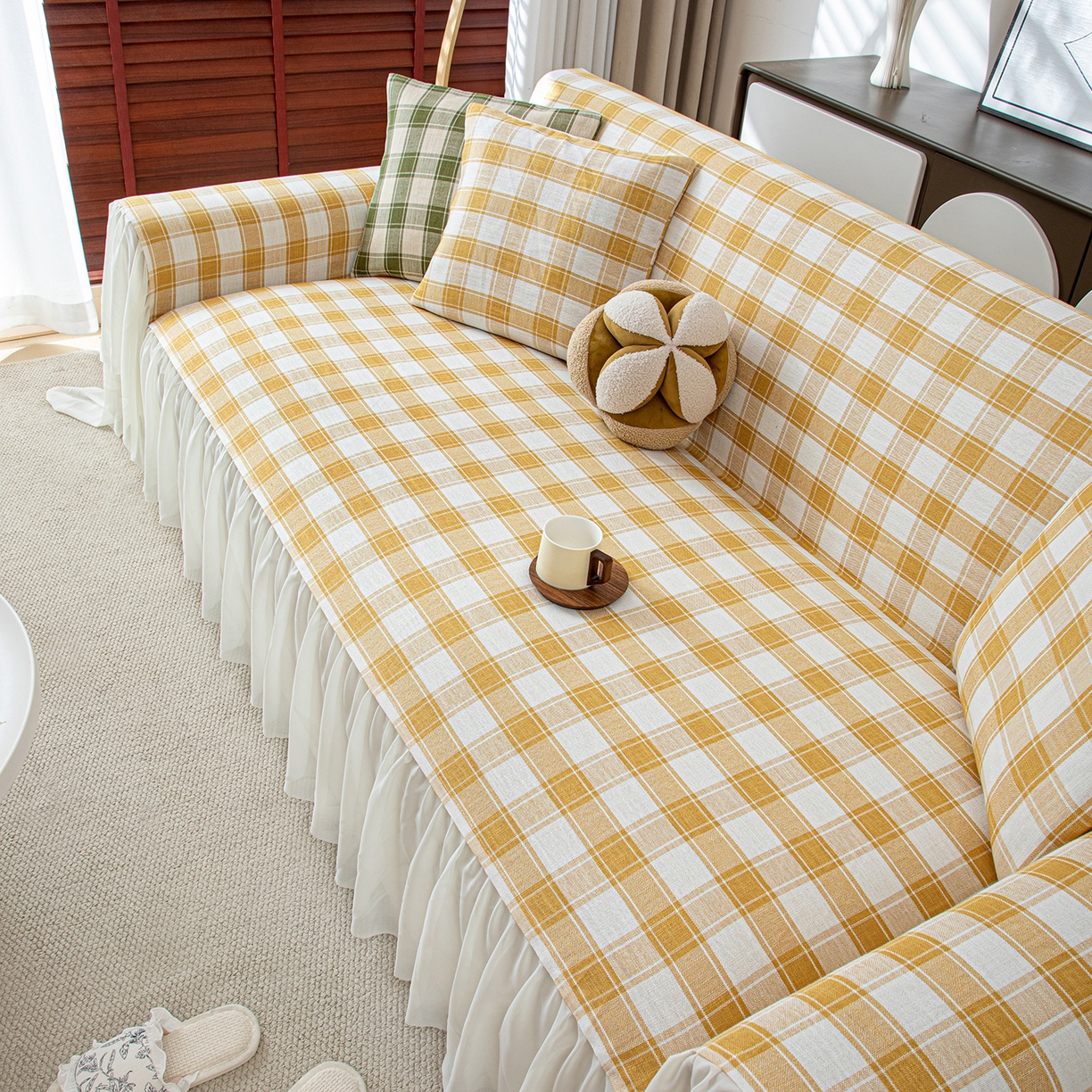 91家纺网 家纺一手货源 找家纺 沐沐家纺 2026新款棋格裙边沙发巾 黄棋格