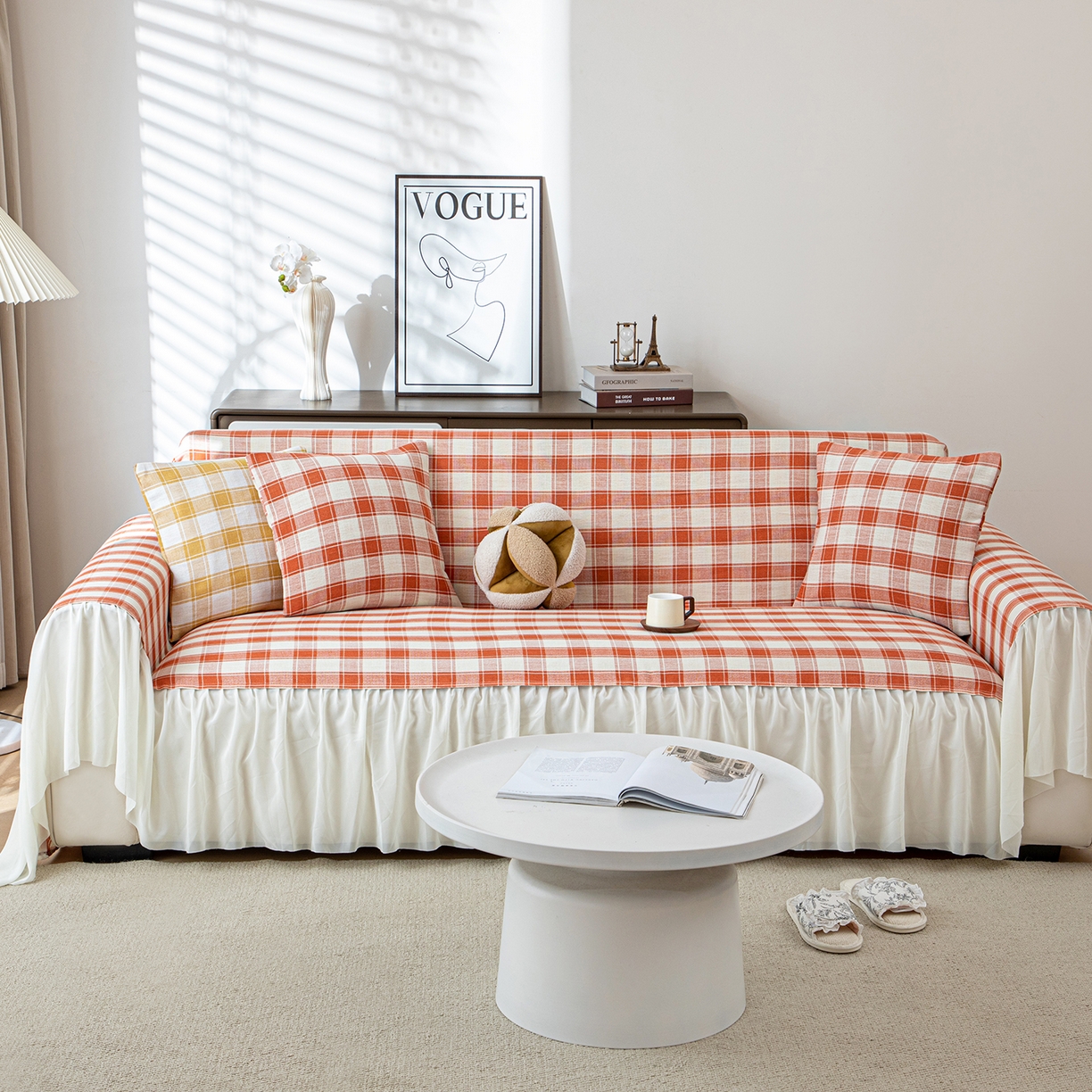 91家纺网 家纺一手货源 找家纺 沐沐家纺 2026新款棋格裙边沙发巾 橘棋格