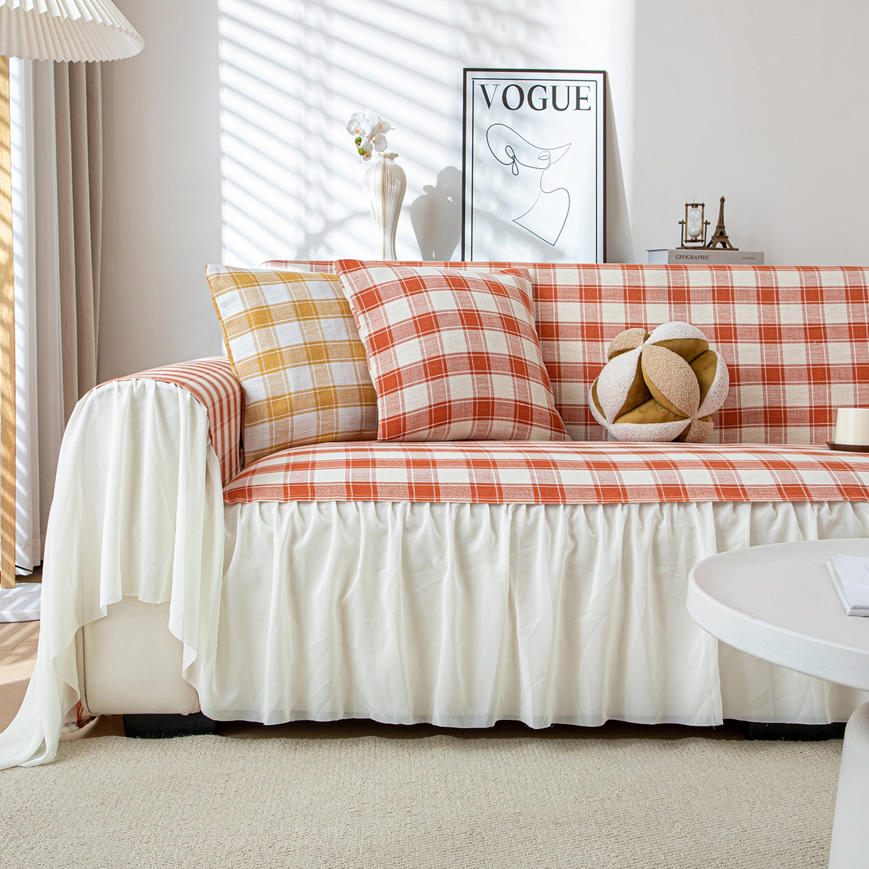 91家纺网 家纺一手货源 找家纺 沐沐家纺 2026新款棋格裙边沙发巾 橘棋格