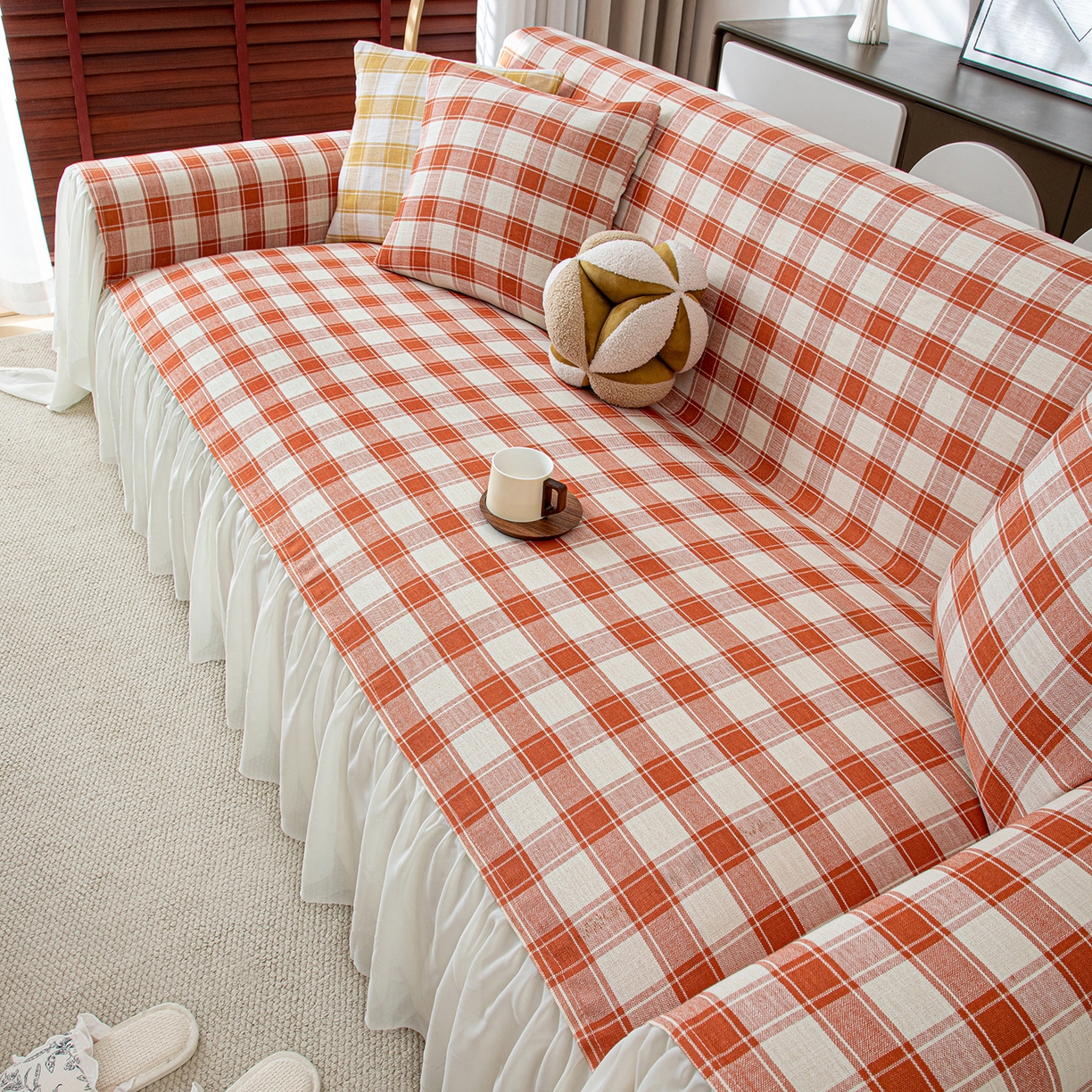 91家纺网 家纺一手货源 找家纺 沐沐家纺 2026新款棋格裙边沙发巾 橘棋格