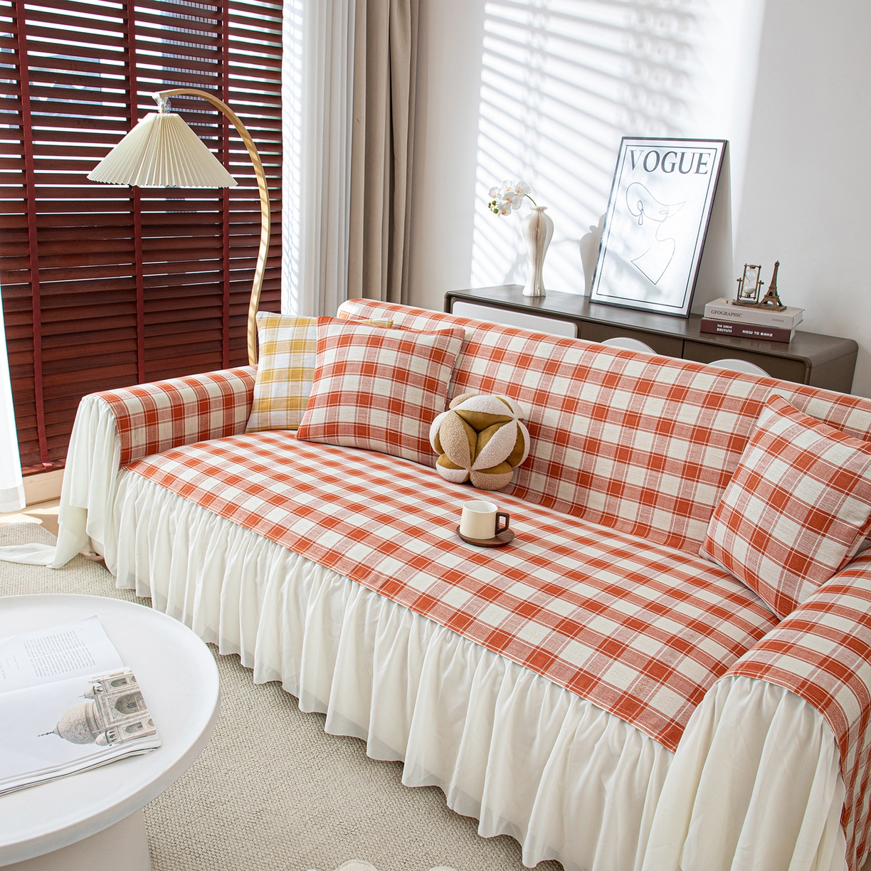 91家纺网 家纺一手货源 找家纺 沐沐家纺 2026新款棋格裙边沙发巾 橘棋格