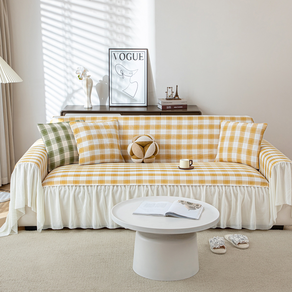 91家纺网 家纺一手货源 找家纺 沐沐家纺 2026新款棋格裙边沙发巾 黄棋格