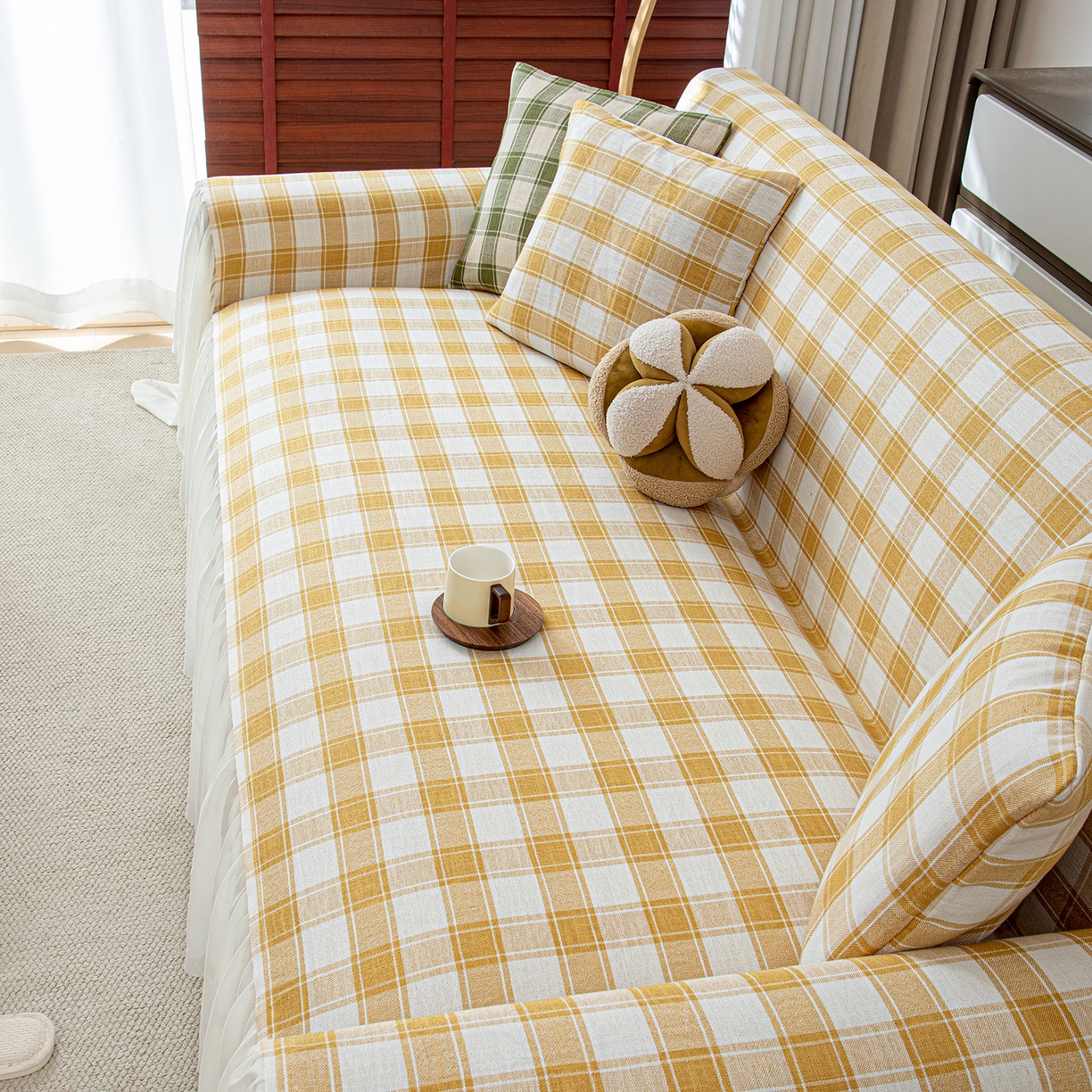 91家纺网 家纺一手货源 找家纺 沐沐家纺 2026新款棋格裙边沙发巾 黄棋格