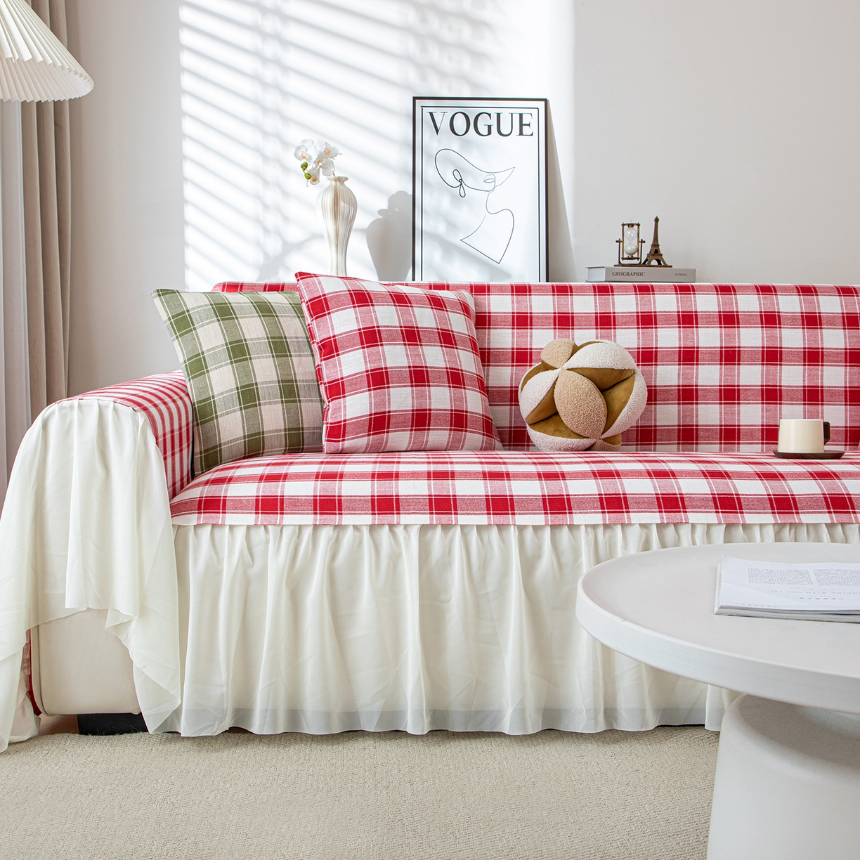 91家纺网 家纺一手货源 找家纺 沐沐家纺 2026新款棋格裙边沙发巾 红棋格