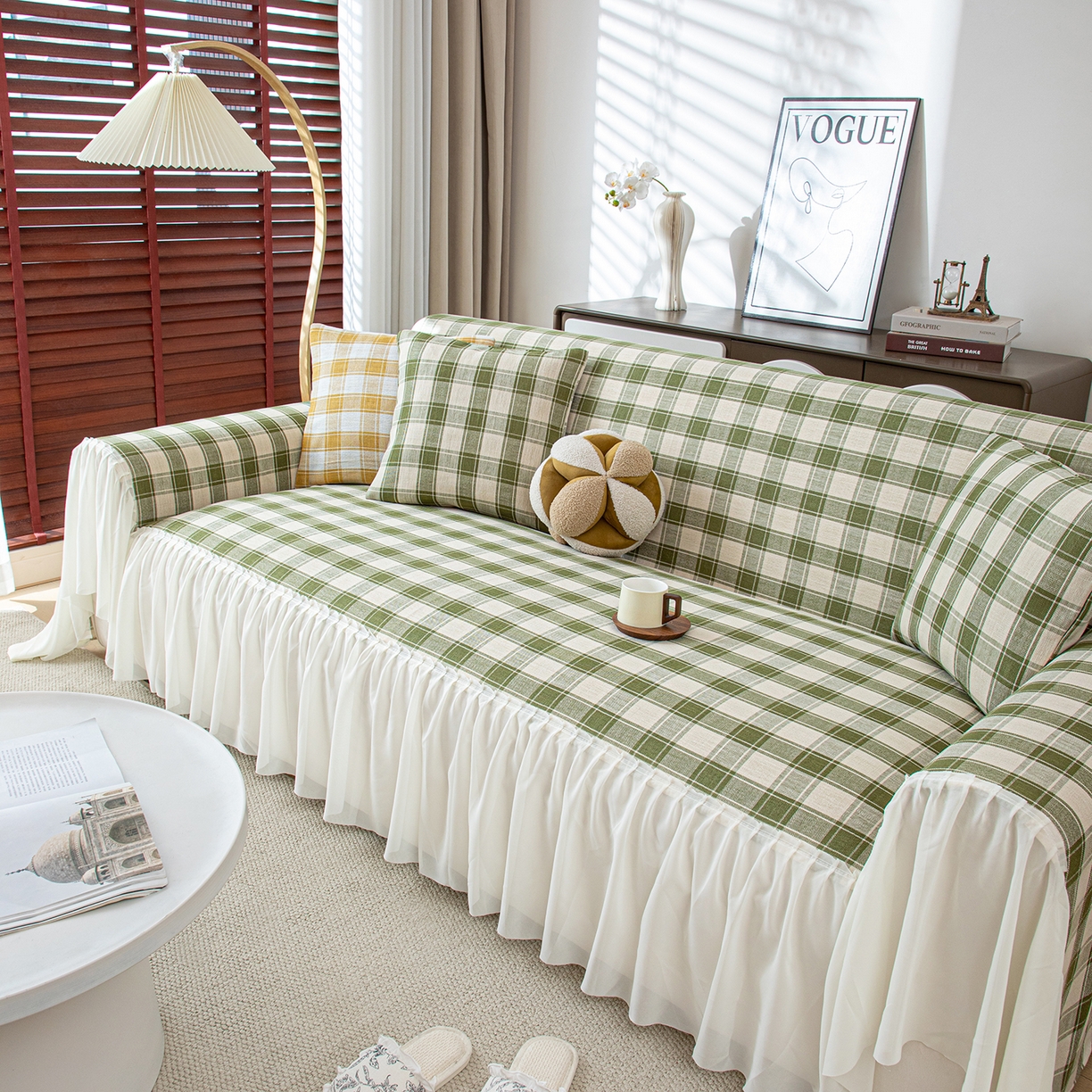 91家纺网 家纺一手货源 找家纺 沐沐家纺 2026新款棋格裙边沙发巾 绿棋格