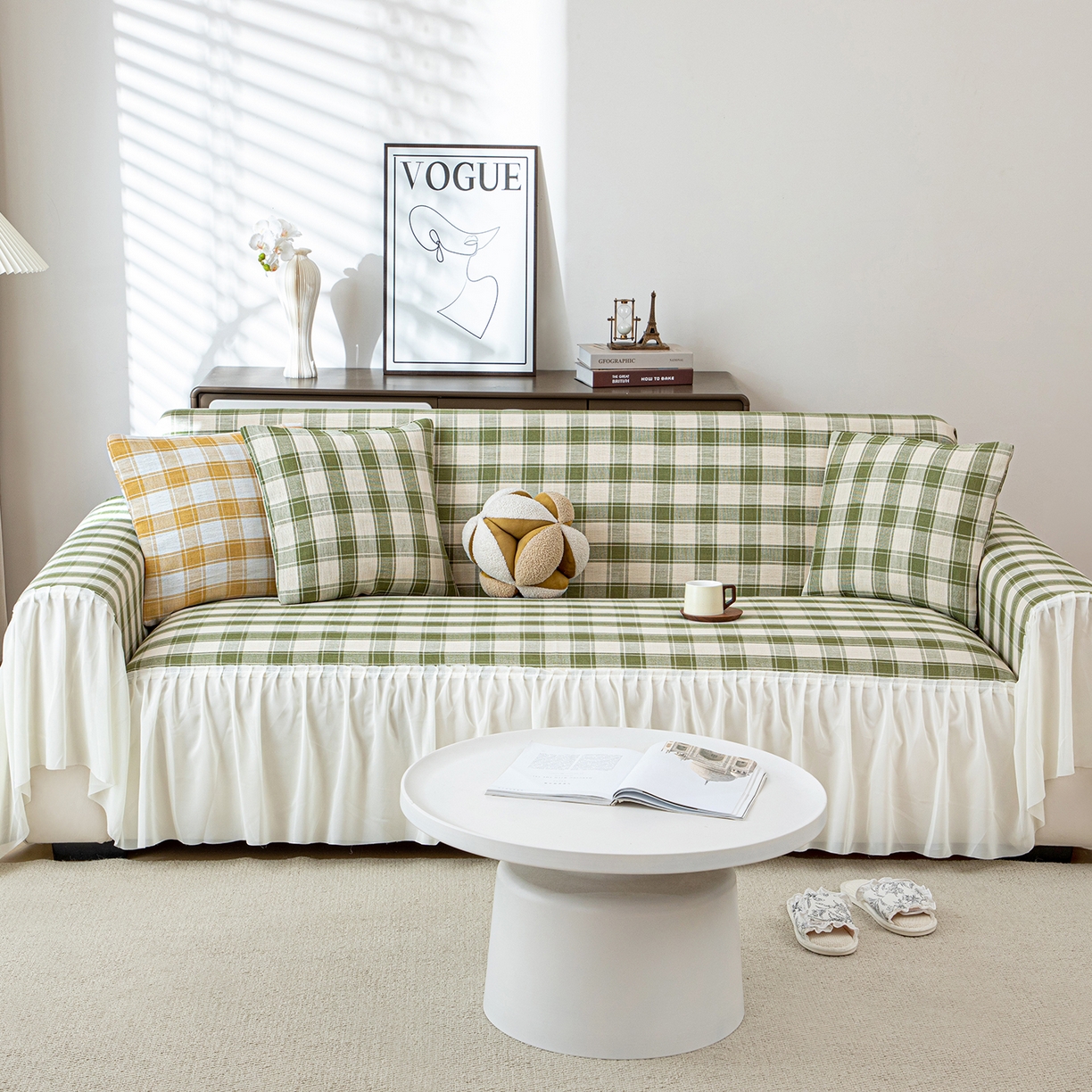 91家纺网 家纺一手货源 找家纺 沐沐家纺 2026新款棋格裙边沙发巾 绿棋格