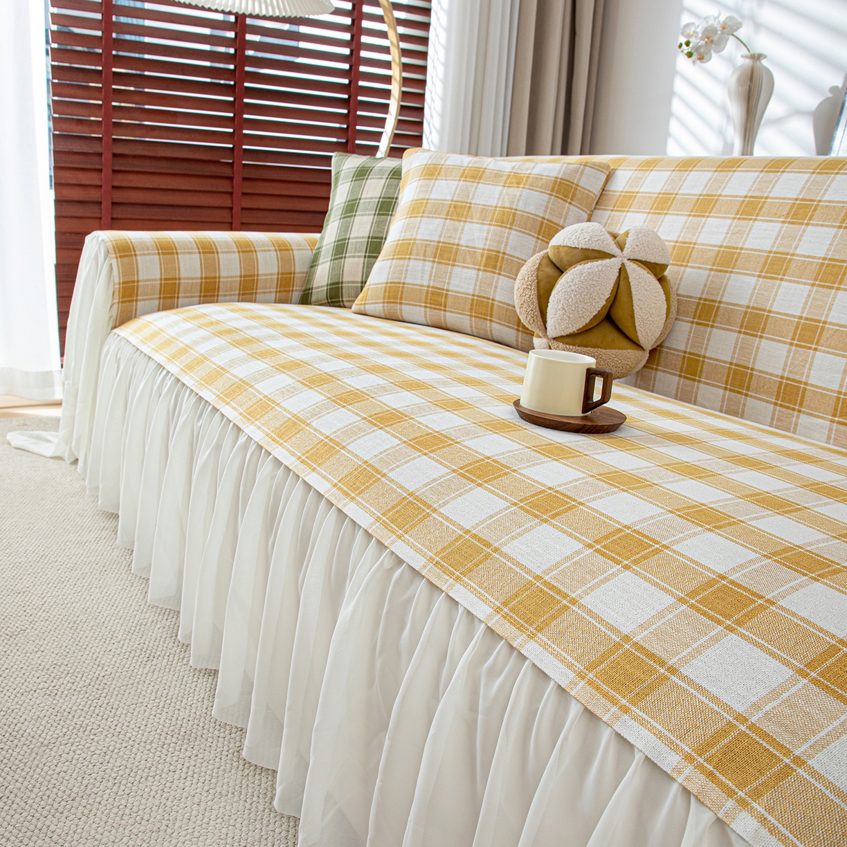 91家纺网 家纺一手货源 找家纺 沐沐家纺 2026新款棋格裙边沙发巾 黄棋格