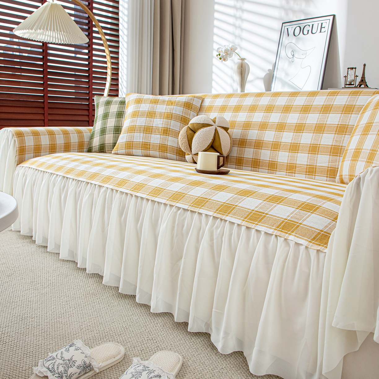 91家纺网 家纺一手货源 找家纺 沐沐家纺 2026新款棋格裙边沙发巾 黄棋格