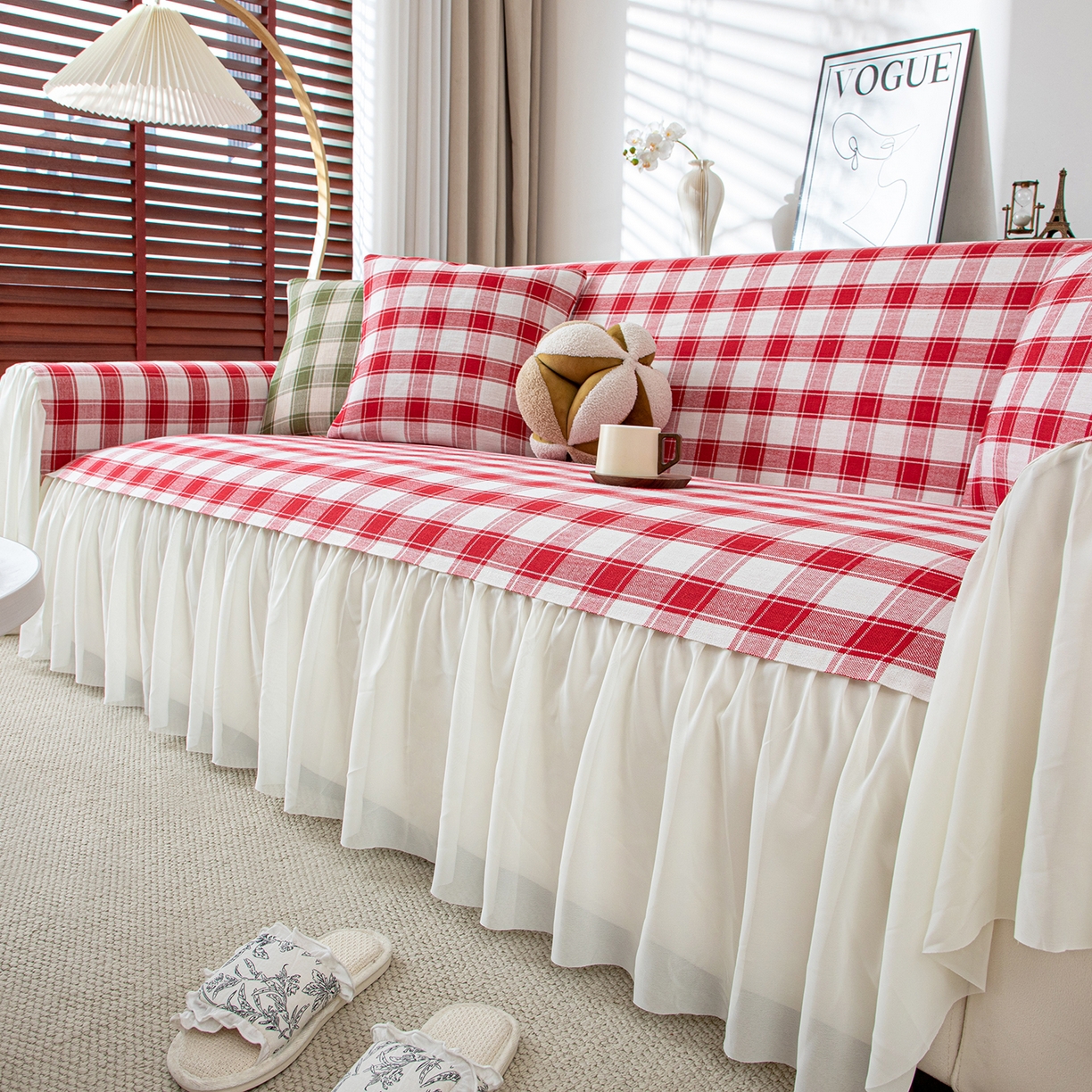 91家纺网 家纺一手货源 找家纺 沐沐家纺 2026新款棋格裙边沙发巾 红棋格