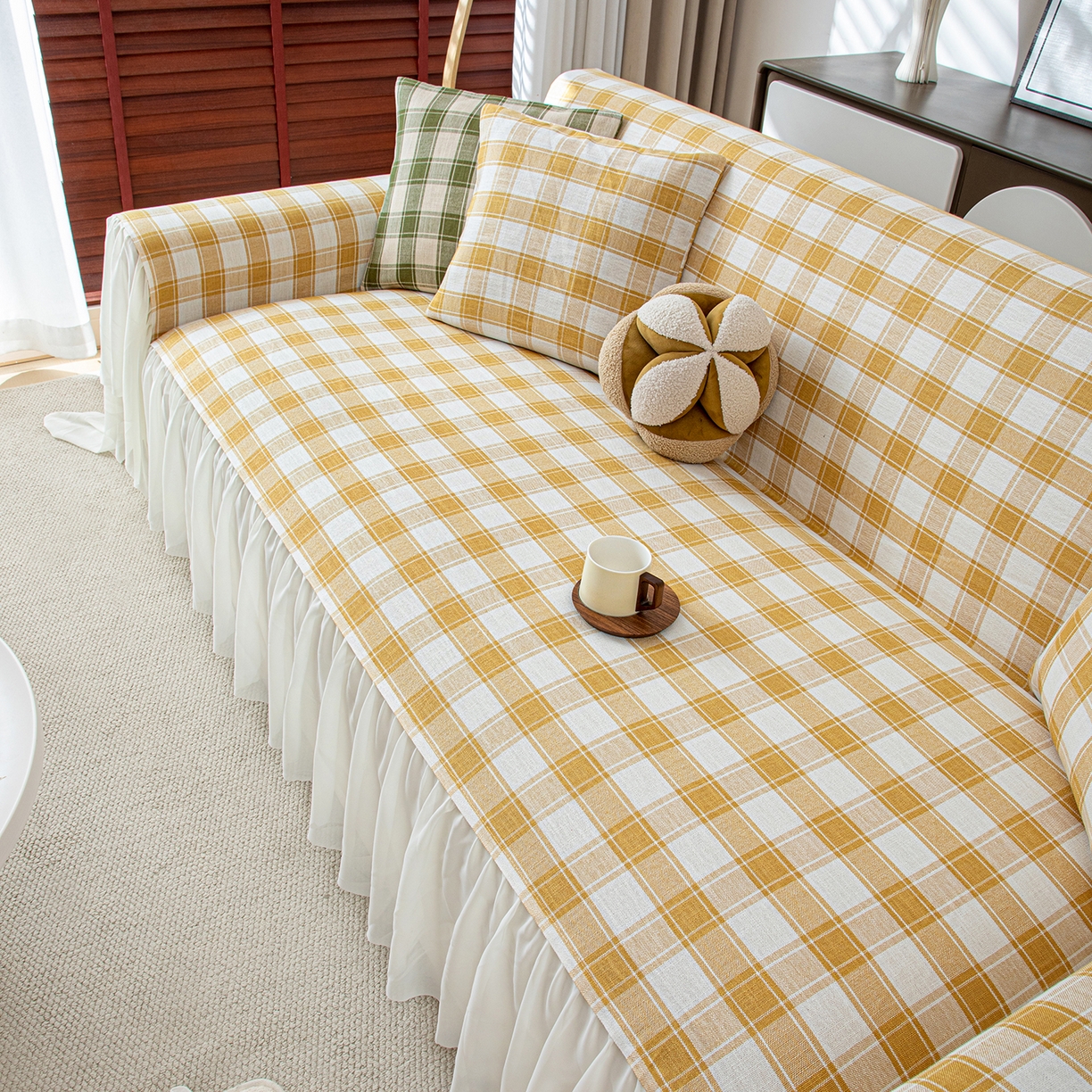 91家纺网 家纺一手货源 找家纺 沐沐家纺 2026新款棋格裙边沙发巾 黄棋格