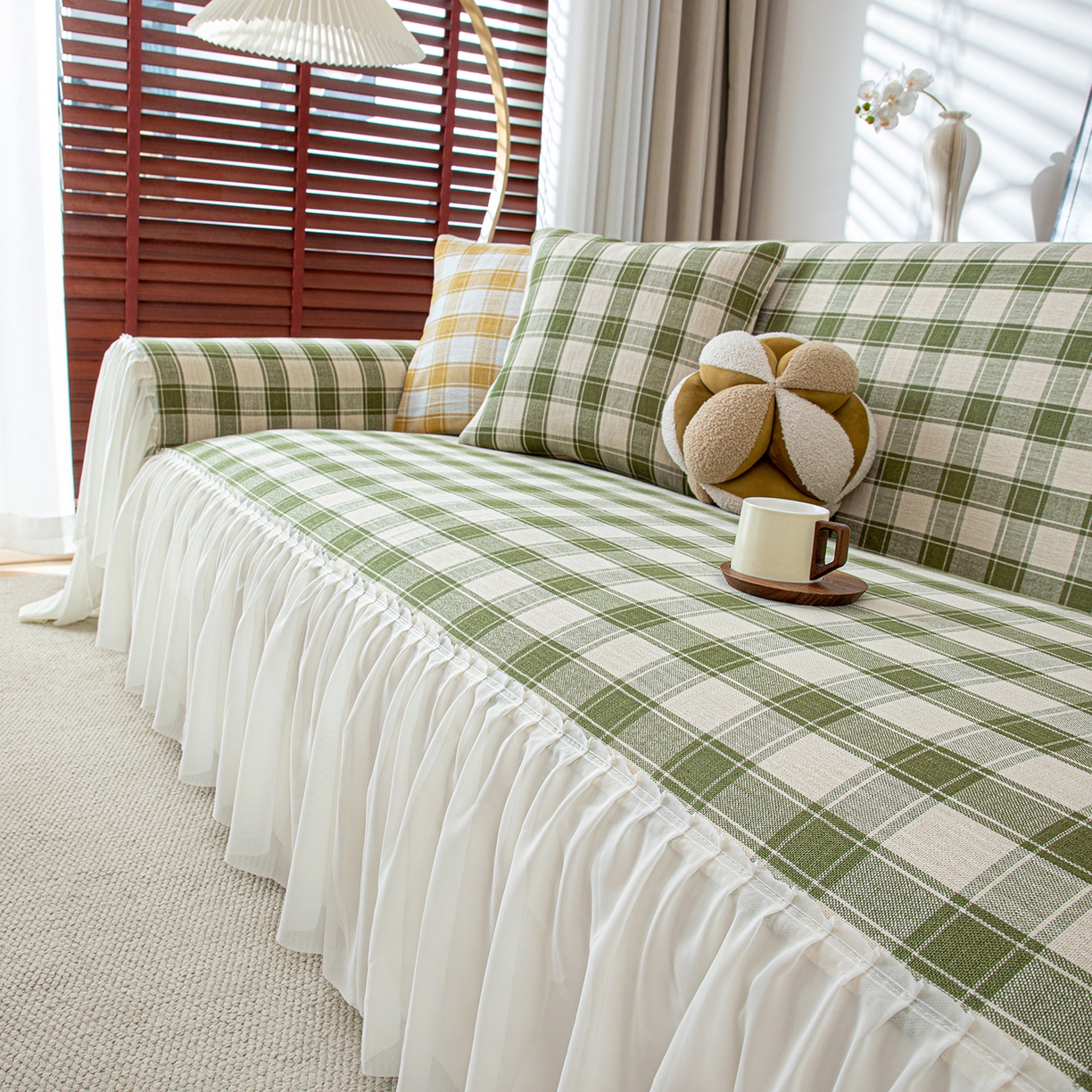 91家纺网 家纺一手货源 找家纺 沐沐家纺 2026新款棋格裙边沙发巾 绿棋格