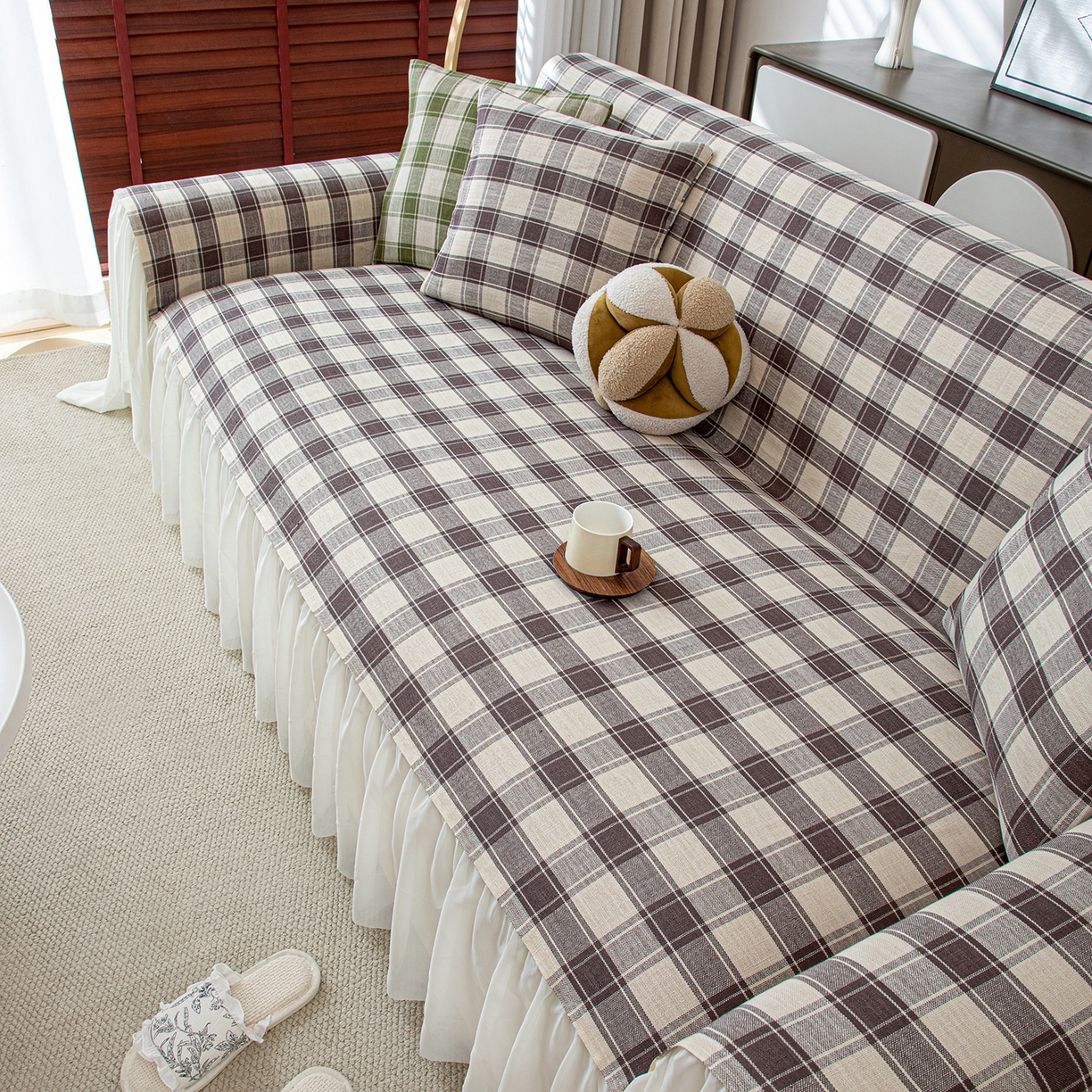 91家纺网 家纺一手货源 找家纺 沐沐家纺 2026新款棋格裙边沙发巾 灰棋格