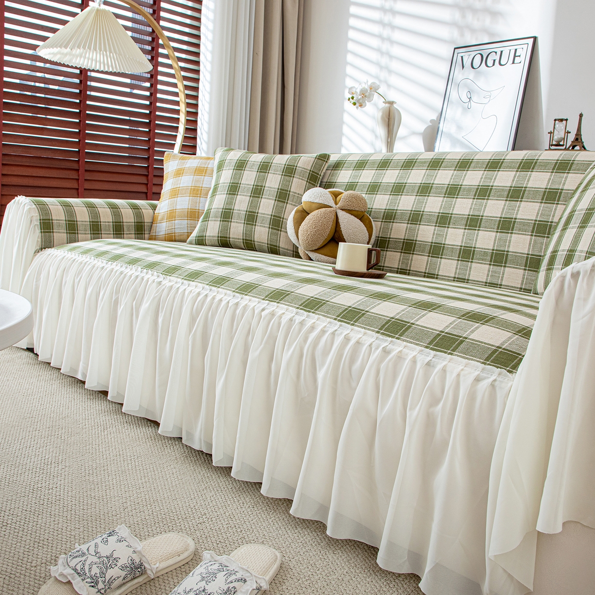 91家纺网 家纺一手货源 找家纺 沐沐家纺 2026新款棋格裙边沙发巾 绿棋格