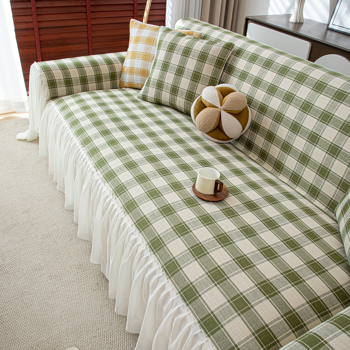 91家纺网 家纺一手货源 找家纺 沐沐家纺 2026新款棋格裙边沙发巾 绿棋格