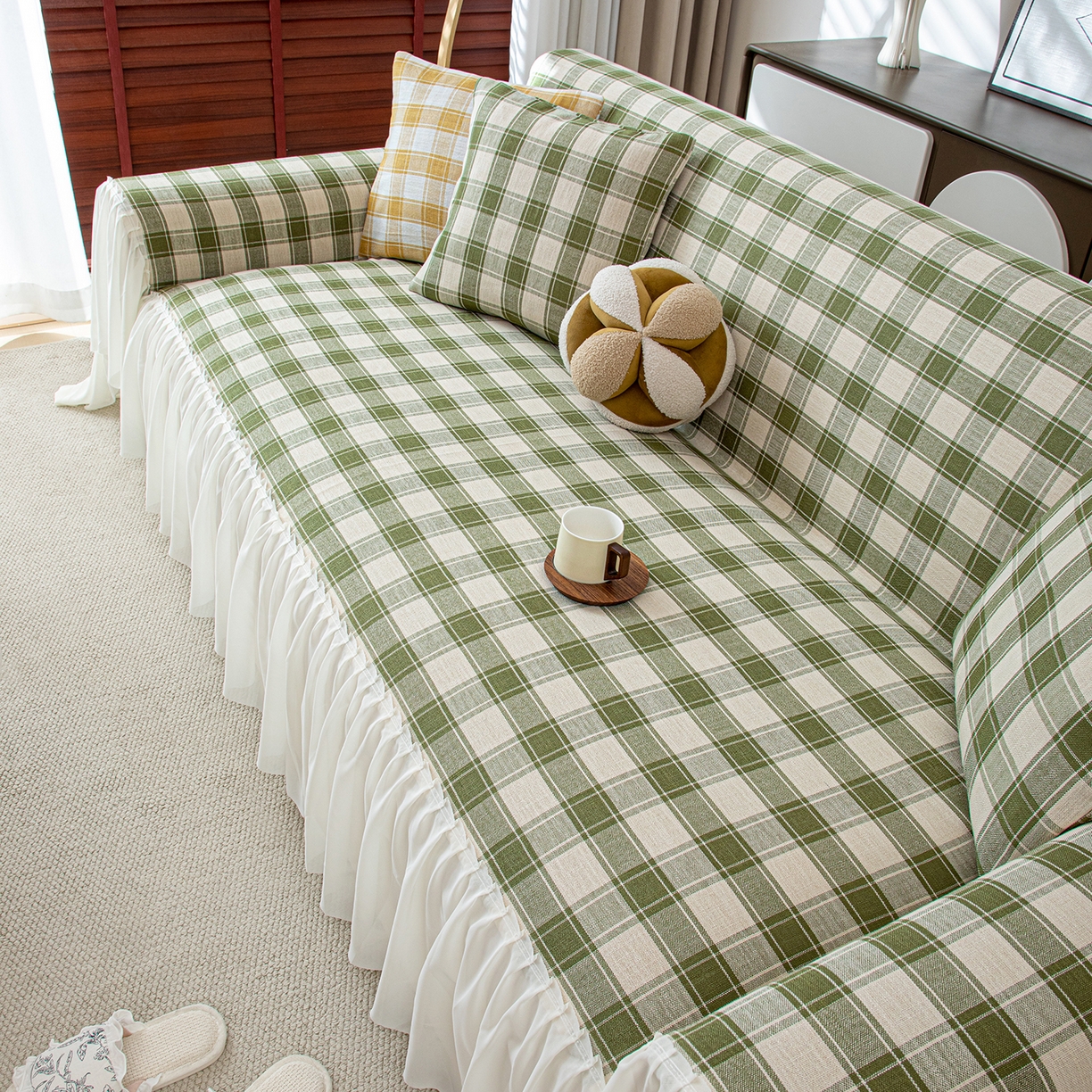 91家纺网 家纺一手货源 找家纺 沐沐家纺 2026新款棋格裙边沙发巾 绿棋格