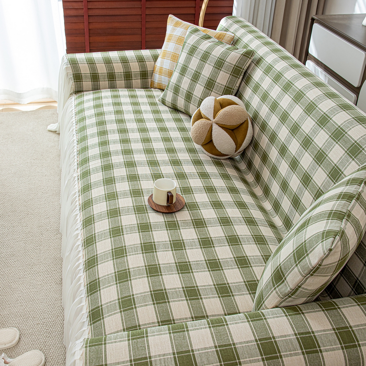 91家纺网 家纺一手货源 找家纺 沐沐家纺 2026新款棋格裙边沙发巾 绿棋格