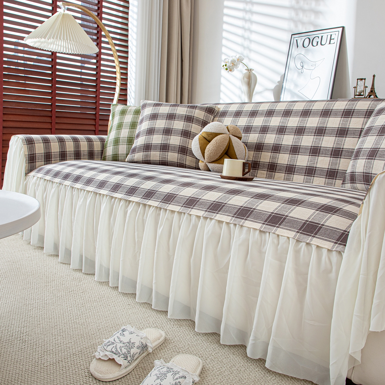 91家纺网 家纺一手货源 找家纺 沐沐家纺 2026新款棋格裙边沙发巾 灰棋格