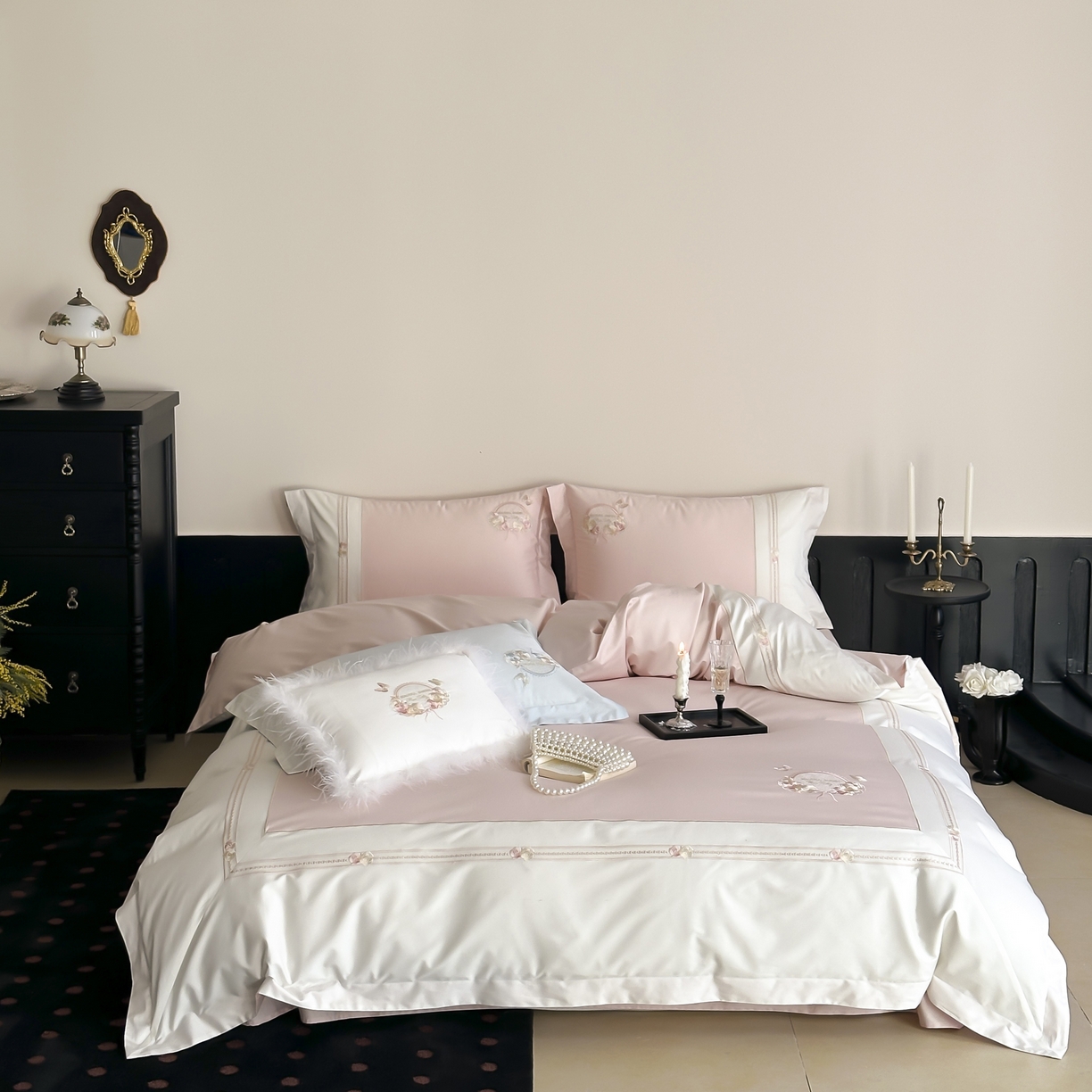 初拾 2025新款100s全棉小法式刺绣四件套—美杜莎 美杜莎-少女粉