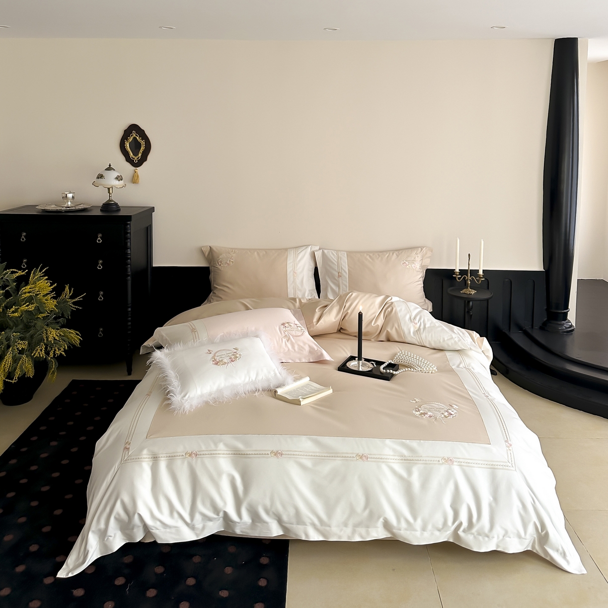 初拾 2025新款100s全棉小法式刺绣四件套—美杜莎 美杜莎-香槟驼