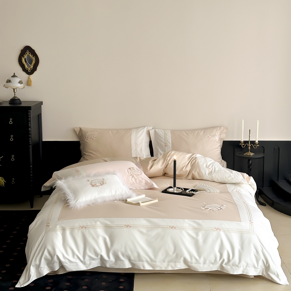 91家纺网 家纺一手货源 找家纺 初拾 2025新款100s全棉小法式刺绣四件套—美杜莎 美杜莎-香槟驼