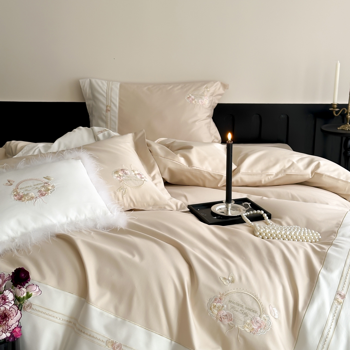 91家纺网 家纺一手货源 找家纺 初拾 2025新款100s全棉小法式刺绣四件套—美杜莎 美杜莎-香槟驼