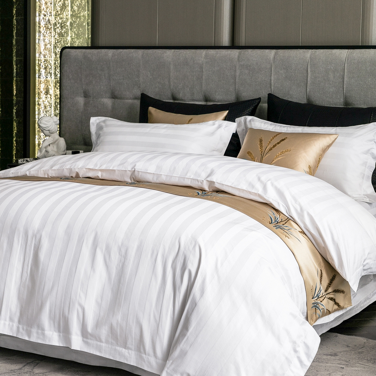 91家纺网 家纺一手货源 找家纺 澜昕 星级酒店床单被套床笠缎条纯棉四件套三件套 60*40暗纹缎条款可定制刺绣