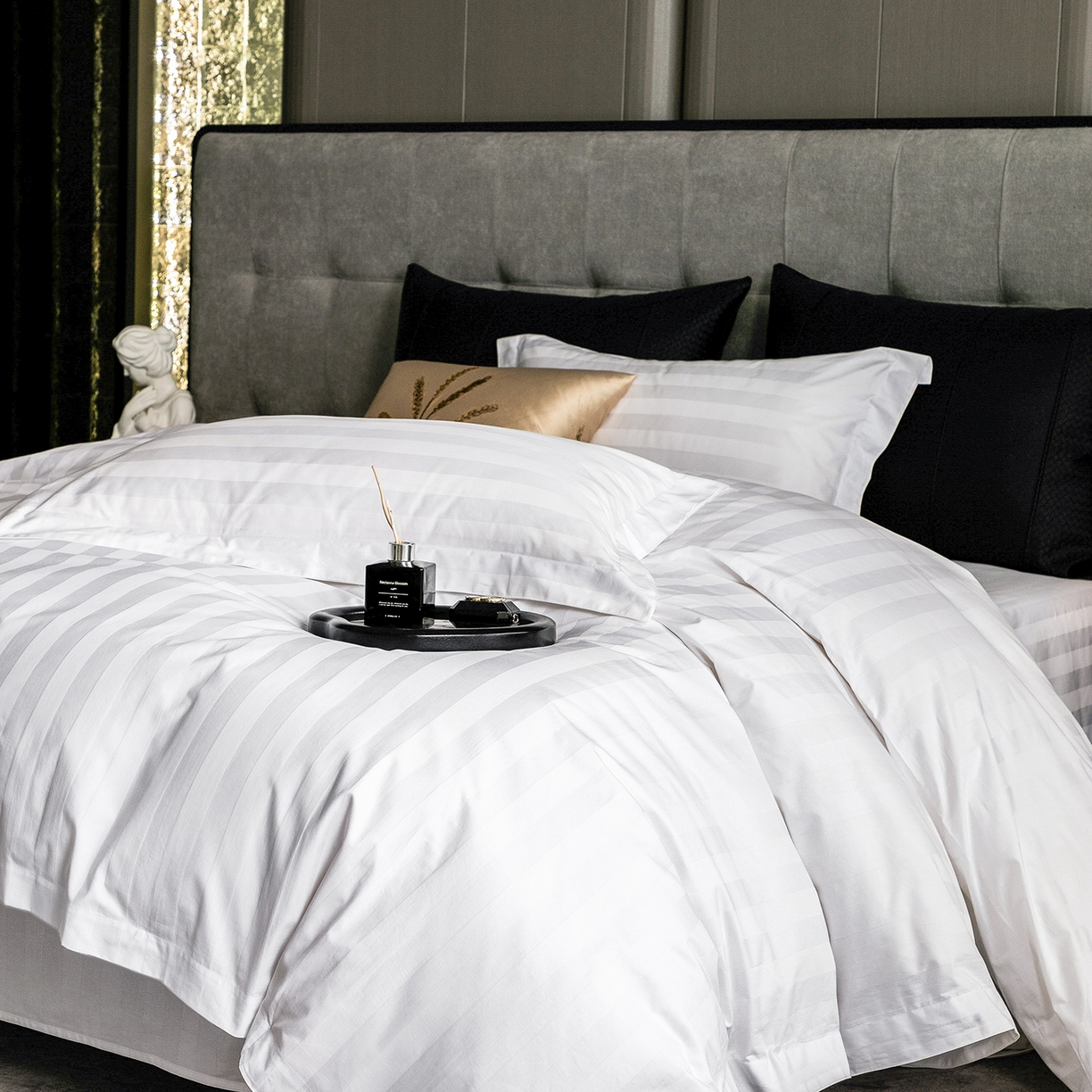 91家纺网 家纺一手货源 找家纺 澜昕 星级酒店床单被套床笠缎条纯棉四件套三件套 60*40暗纹缎条款可定制刺绣