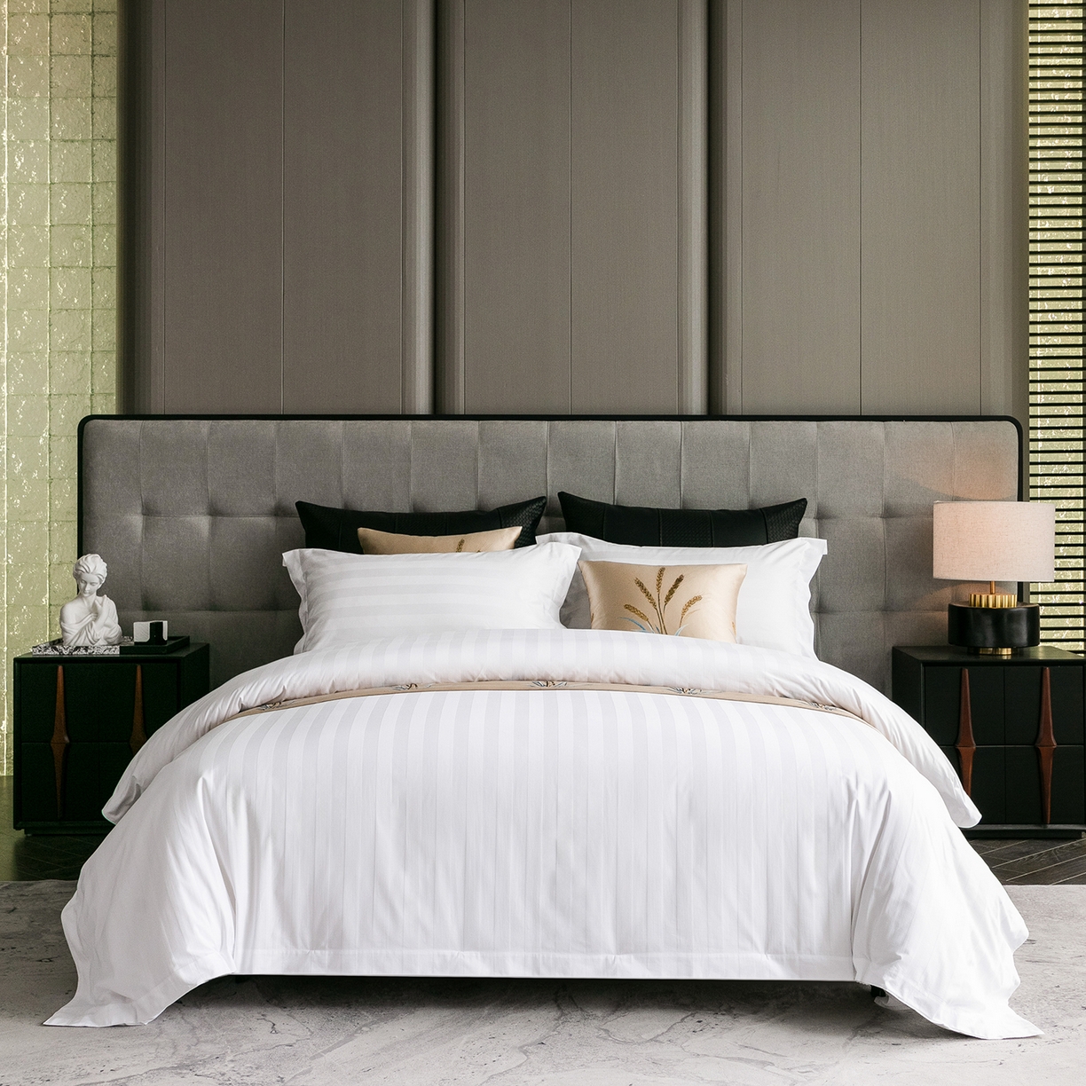 91家纺网 家纺一手货源 找家纺 澜昕 星级酒店床单被套床笠缎条纯棉四件套三件套 60*40暗纹缎条款可定制刺绣