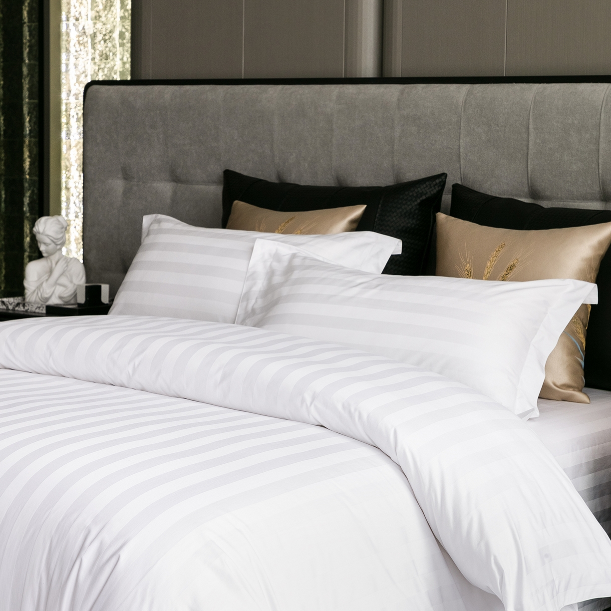 91家纺网 家纺一手货源 找家纺 澜昕 星级酒店床单被套床笠缎条纯棉四件套三件套 60*40暗纹缎条款可定制刺绣