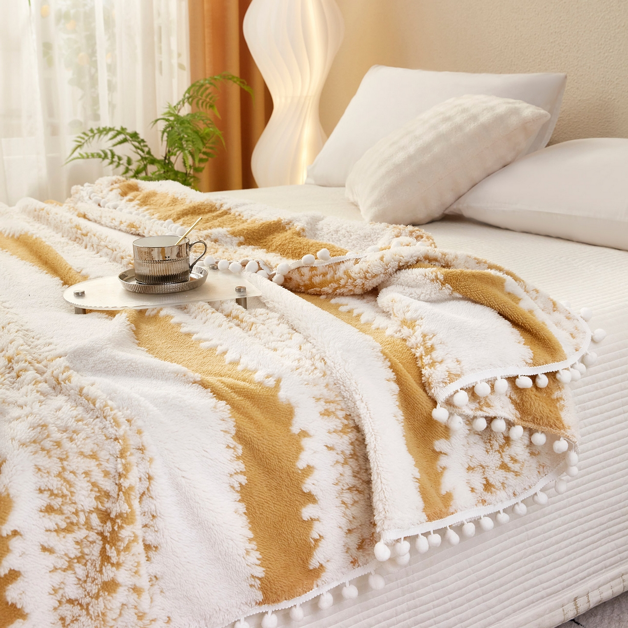 91家纺网 家纺一手货源 找家纺 肖恩毯业 2025新款阳离子双色提花雪球梦语小球毯 雪球梦语灿黄