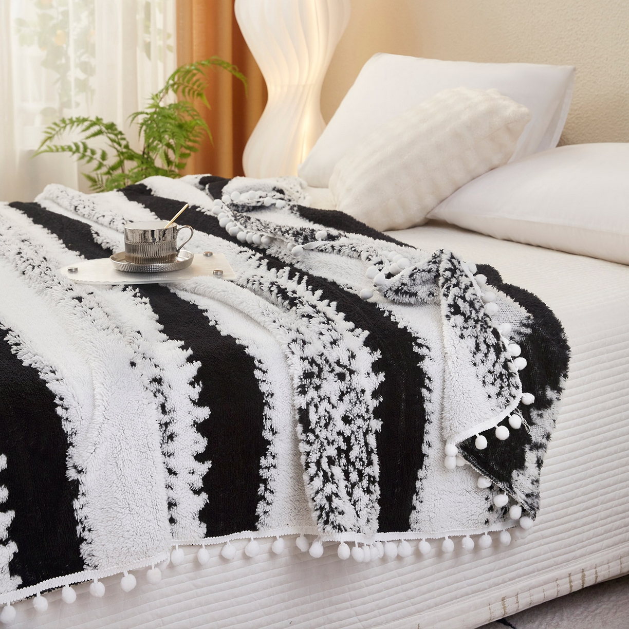 91家纺网 家纺一手货源 找家纺 肖恩毯业 2025新款阳离子双色提花雪球梦语小球毯 雪球梦语素墨