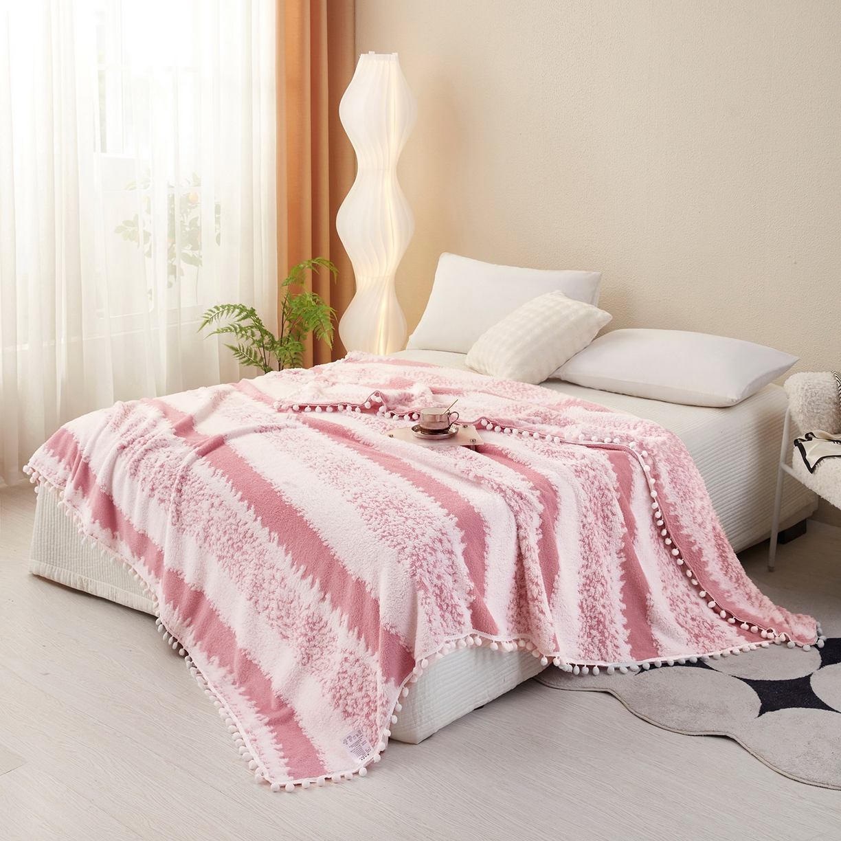 91家纺网 家纺一手货源 找家纺 肖恩毯业 2025新款阳离子双色提花雪球梦语小球毯 雪球梦语桃粉