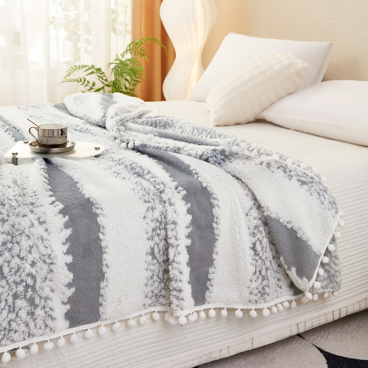 91家纺网 家纺一手货源 找家纺 肖恩毯业 2025新款阳离子双色提花雪球梦语小球毯 雪球梦语烟灰