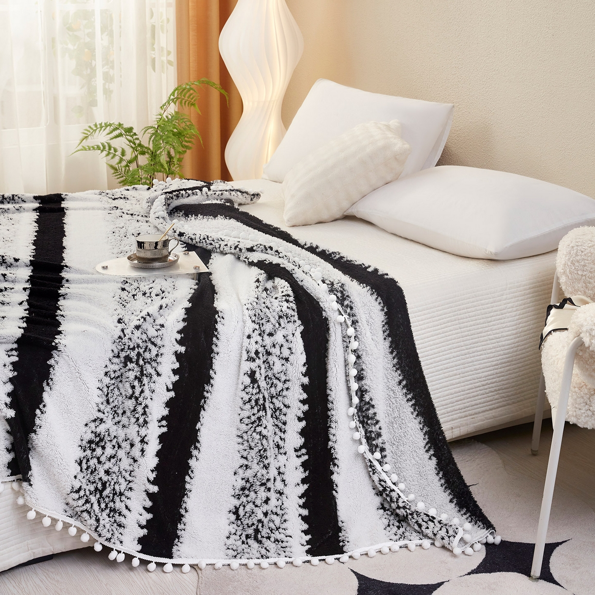 91家纺网 家纺一手货源 找家纺 肖恩毯业 2025新款阳离子双色提花雪球梦语小球毯 雪球梦语素墨