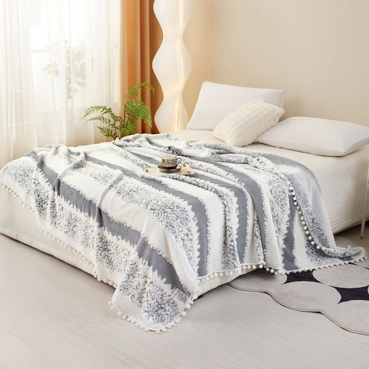 91家纺网 家纺一手货源 找家纺 肖恩毯业 2025新款阳离子双色提花雪球梦语小球毯 雪球梦语烟灰