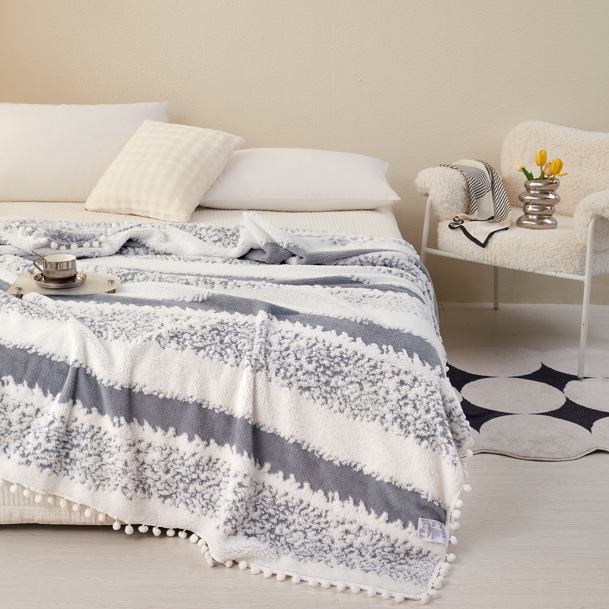 91家纺网 家纺一手货源 找家纺 肖恩毯业 2025新款阳离子双色提花雪球梦语小球毯 雪球梦语烟灰