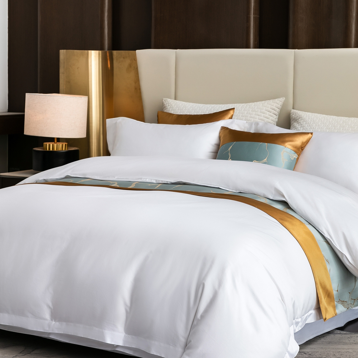 91家纺网 家纺一手货源 找家纺 澜昕 星级酒店床单被套床笠丝光贡缎纯棉四件套三件套 60*40纯白款可定制刺绣