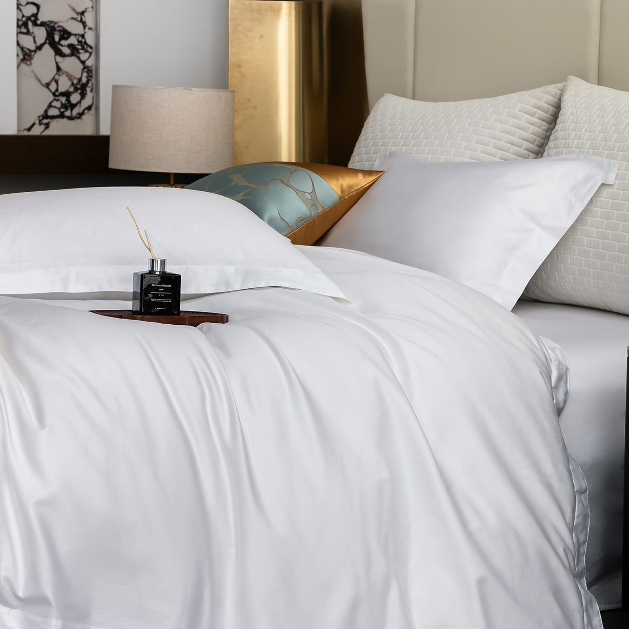 91家纺网 家纺一手货源 找家纺 澜昕 星级酒店床单被套床笠丝光贡缎纯棉四件套三件套 60*80纯白款可定制刺绣