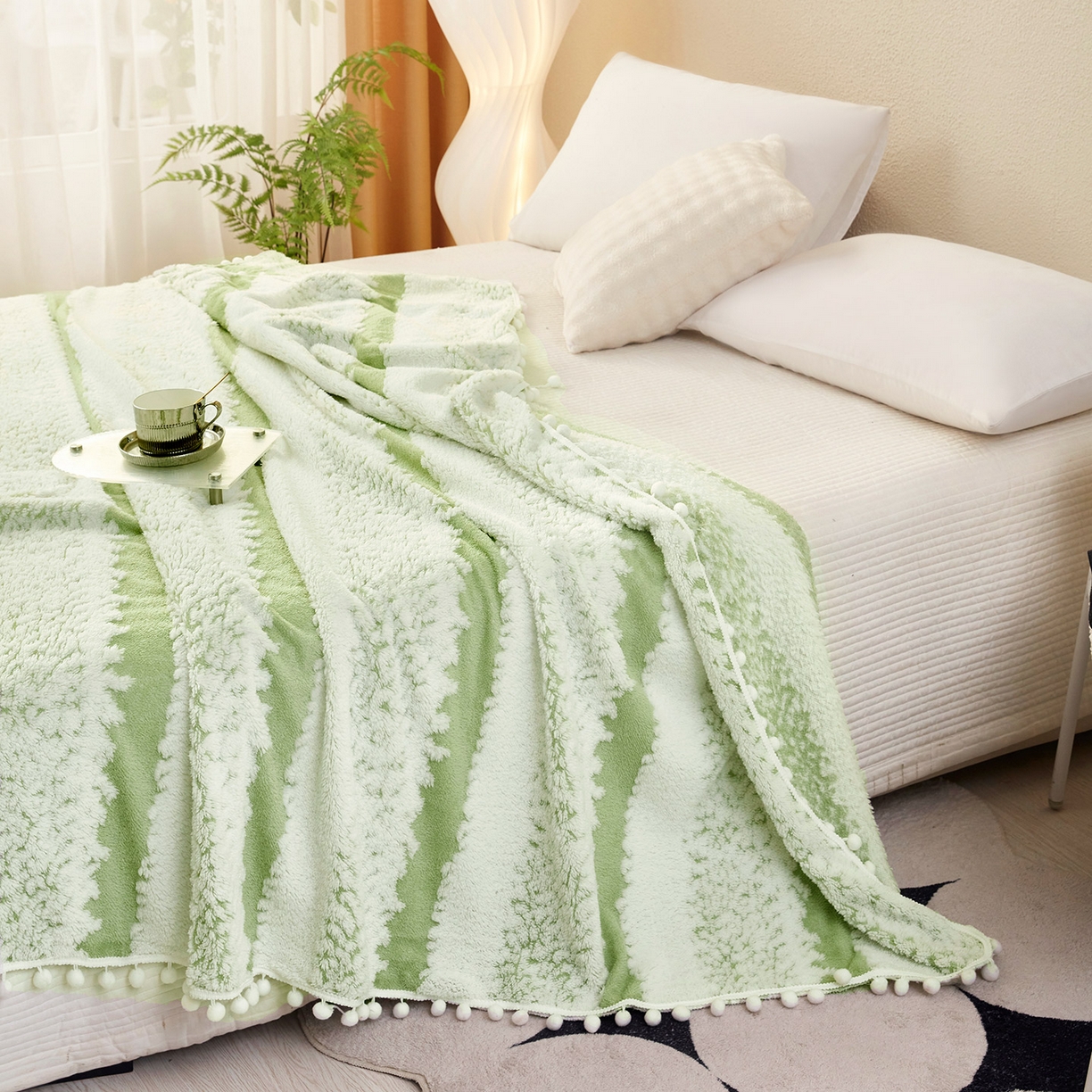 91家纺网 家纺一手货源 找家纺 肖恩毯业 2025新款阳离子双色提花雪球梦语小球毯 雪球梦语雅绿