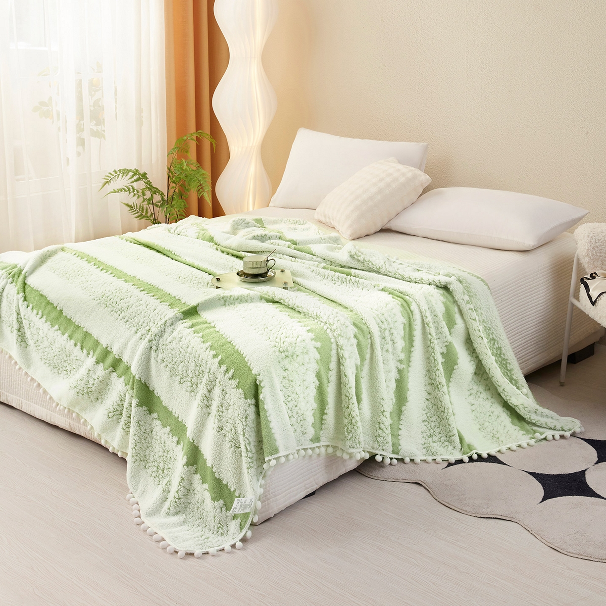 91家纺网 家纺一手货源 找家纺 肖恩毯业 2025新款阳离子双色提花雪球梦语小球毯 雪球梦语雅绿