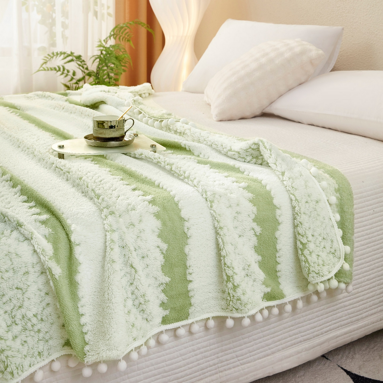 91家纺网 家纺一手货源 找家纺 肖恩毯业 2025新款阳离子双色提花雪球梦语小球毯 雪球梦语雅绿