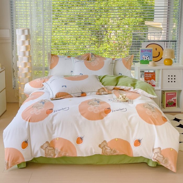 91家纺网 家纺一手货源 找家纺 铭浩 2025新款纯棉棉加厚磨毛升级喷气面料全棉四件套三件套 尼多熊-桔