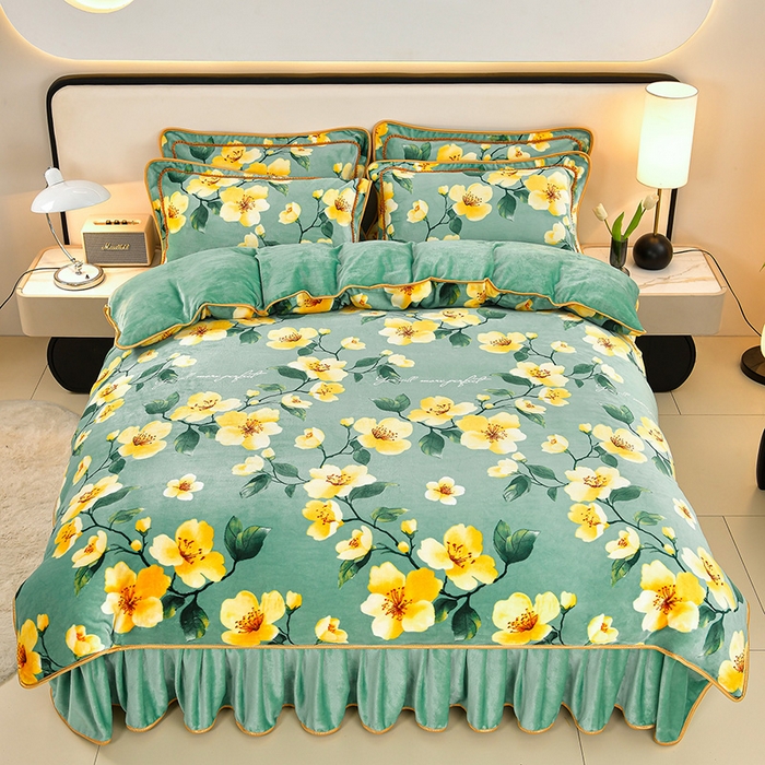 91家纺网 家纺一手货源 找家纺 诺梵家纺 2025新款8斤加厚保暖金貂绒牛奶绒印花四件套锦上添花-绿