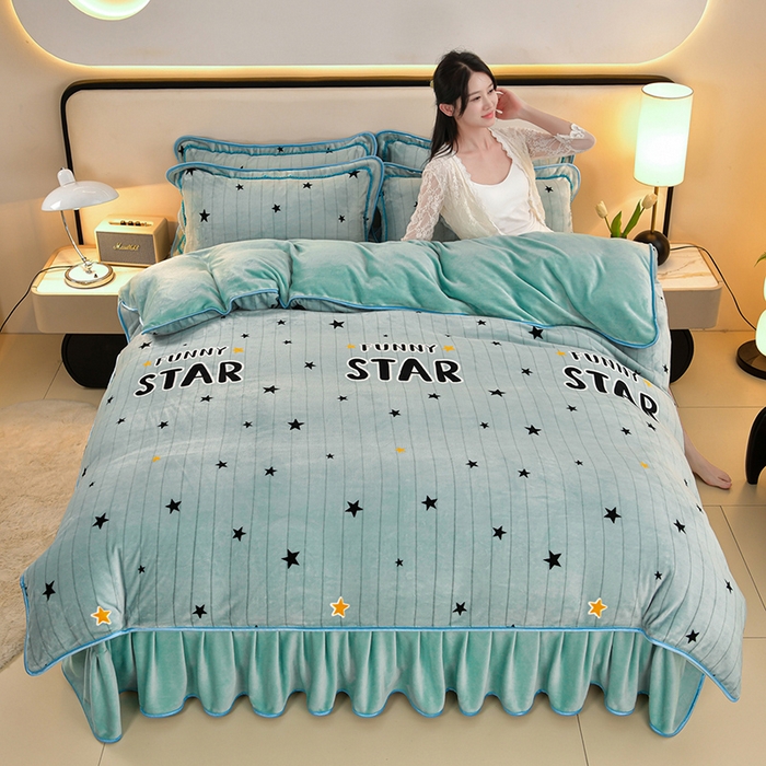 诺梵家纺 2025新款8斤加厚保暖金貂绒牛奶绒印花四件套流星雨-水蓝