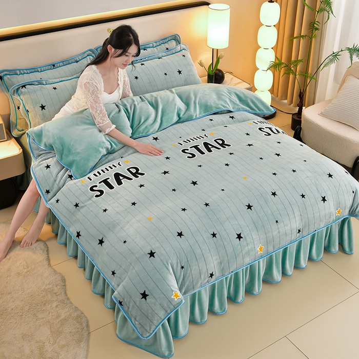 91家纺网 家纺一手货源 找家纺 诺梵家纺 2025新款8斤加厚保暖金貂绒牛奶绒印花四件套流星雨-水蓝