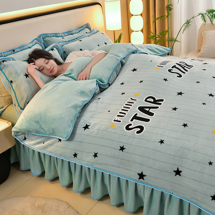 91家纺网 家纺一手货源 找家纺 诺梵家纺 2025新款8斤加厚保暖金貂绒牛奶绒印花四件套流星雨-水蓝