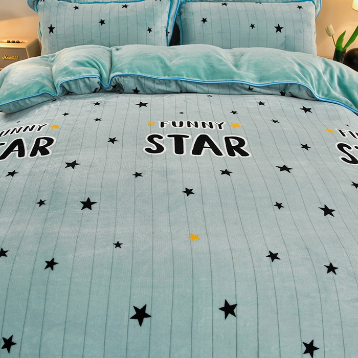 91家纺网 家纺一手货源 找家纺 诺梵家纺 2025新款8斤加厚保暖金貂绒牛奶绒印花四件套流星雨-水蓝